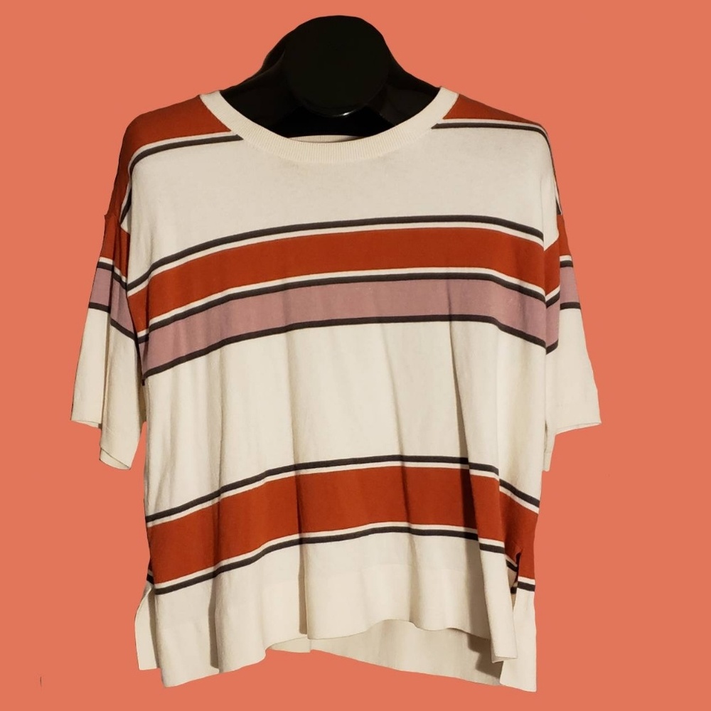 EUC LOFT Sweater Red-Brown and White Striped Crop Top